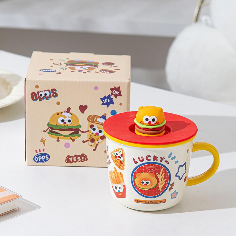 

Cute Hamburger Mug with Lid Ceramic Cup for Girls with High Appearance Breakfast Cup Couple Cup Souvenir Birthday Gift Approx. 300ml