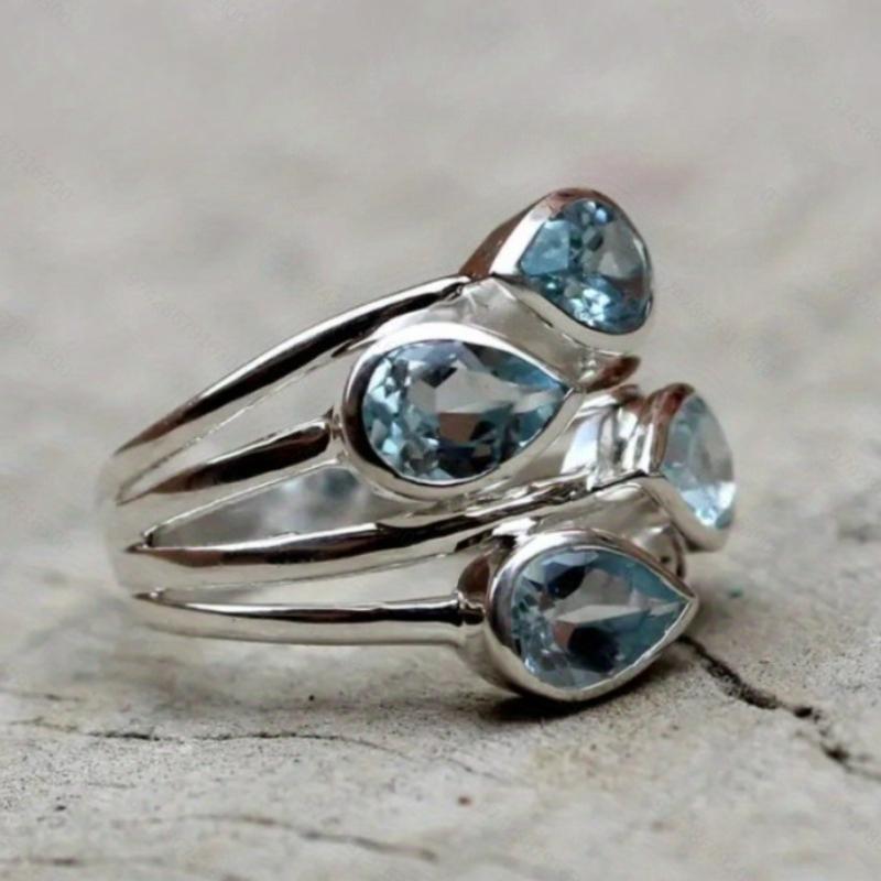 Blauer Wassertropfenförmiger Mehrschichtiger Ring mit eingelegten Zirkonen, Einfaches Design für Damen, Tägliches Accessoire, Geschenk