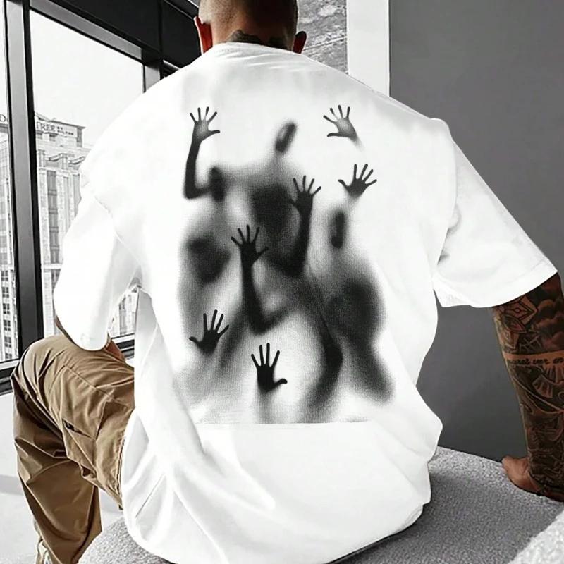 2025 Men's Summer New Short-sleeved T-shirt with Shadow Dark Hand Print, 100% Pure Cotton High-quality Hip-hop Streetwear Top