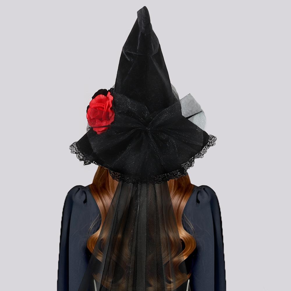 1 Pcs Halloween Witch Hat Baroque Style with Mesh Simulated Flowers, Gothic Queen Costume Accessory for Party DIY Cosplay Prop