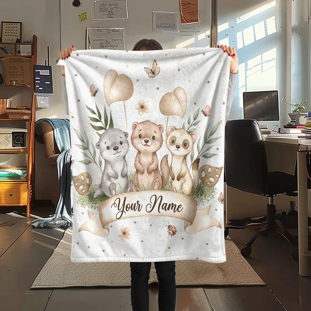 Custom Name Customizable Animal Banner Art Flannel Blanket, High quality Comfortable for All Seasons, Home Decor, Warmth and Comfort