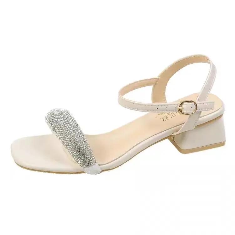 

Босоножки для женщины черные толстый каблук женская обувь высокий каблук ремешки на одно слово лето 2025 офис работа бриллиант средняя обувь H F 40