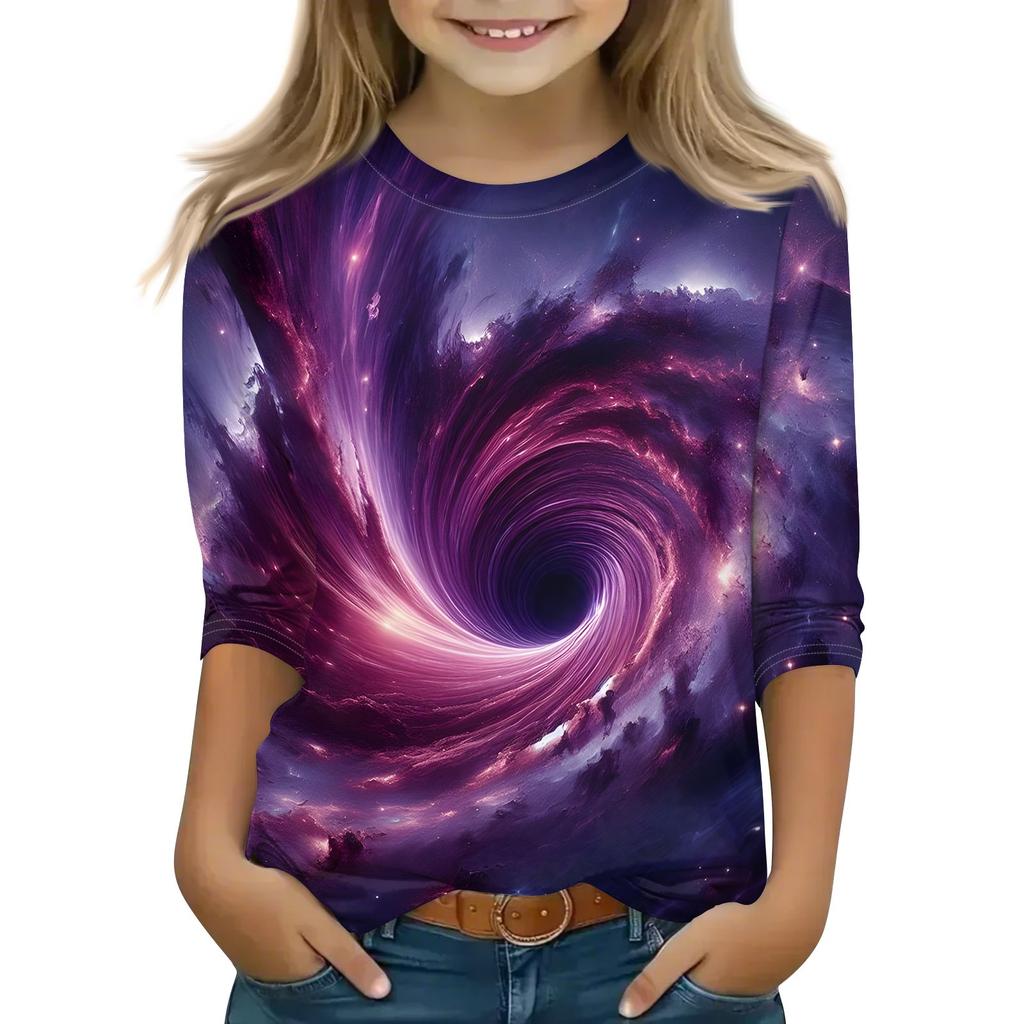 Bedruckte Oberteile für junge Mädchen von 5–16 Jahren, Rundhalsausschnitt, 3/4-Ärmel, T-Shirts, trendige Oberteile, Outfit-T-Shirts