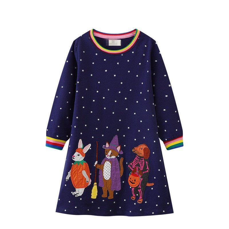 Girl Dark Blue Animal Long Sleeves Dress Baby Leisure T-shirt Skirt Kids New Arrival Autumn Cotton Knitted Dress 8