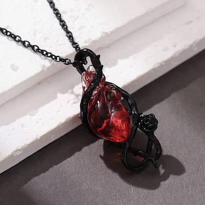 Punk Halloween Gothic Red Crystal Flower Thorns Pendant Necklace for Women Men Love Heart Skeleton Skull Choker Jewelry Gift