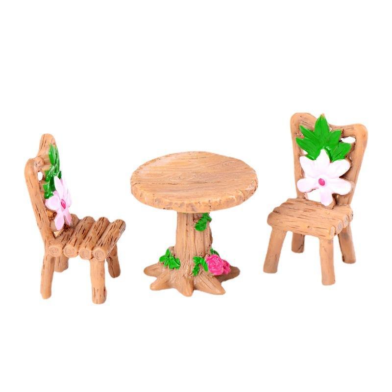 Fairy Garden Decorations Dollhouse Accessories 3Pcs/Set Floral Wooden Table Chairs Miniature Landscape Ornaments