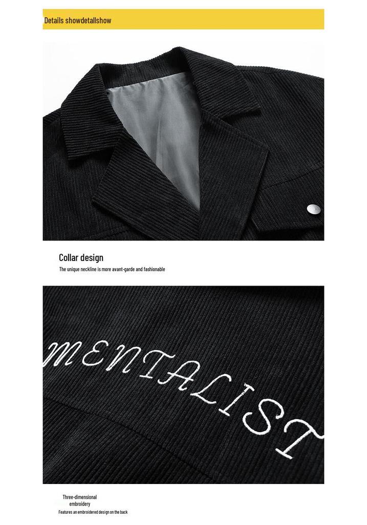 Men's Large Lapel Corduroy Jacket - Stylish Embroidered Spring/Autumn Coat