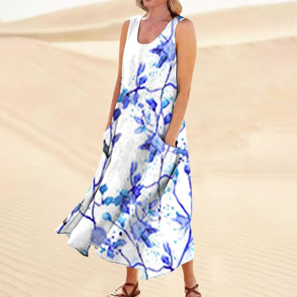 Women's Casual Comfortable Floral Print Sleeveless Cotton Pocket Dress
