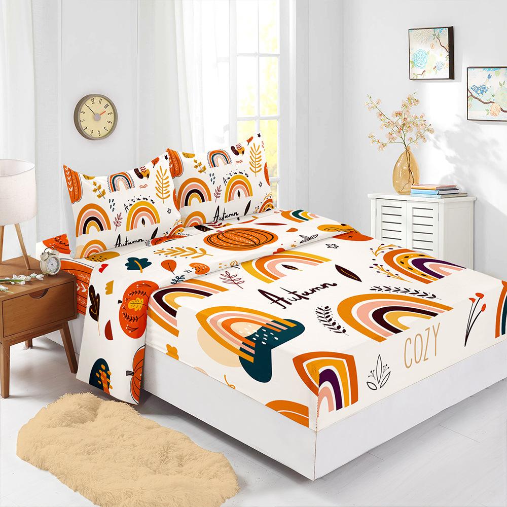 Four-Piece Mattress Set, Little Fox Pumpkin Thanksgiving 3D Digital Printing Mattress Protective Cover