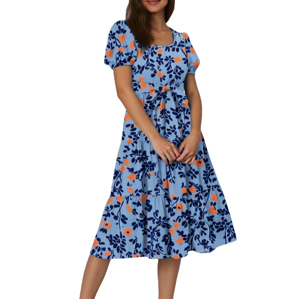 Women's Summer Floral Print Short Sleeves Neck Waistband Bohemian Flowy Maxi Dress With Pockets