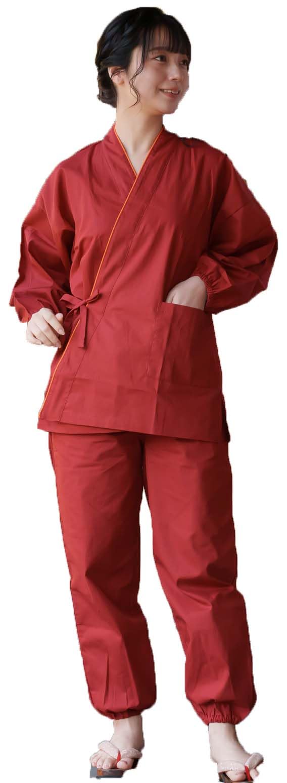 [Yurakuan] Women s Samue (Japanese workwear), 100% Cotton, Slightly Thin Fabric (Plain Burgundy, Slightly Thin Fabric, Size M)