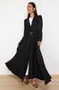 Women's Fashion New Hijab Dress Black Linen Look Woven Dress with Belt Detail on the Front