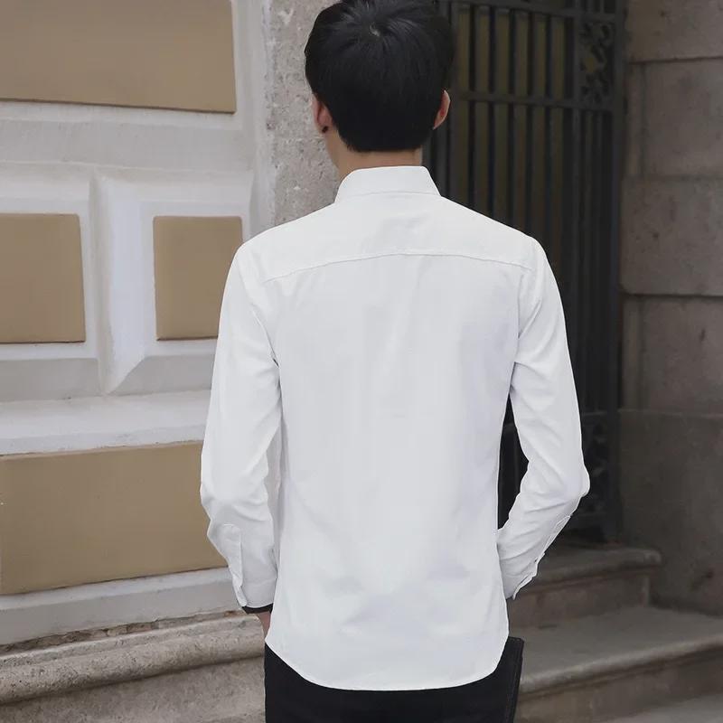 Cămașă Casual de Afaceri pentru Bărbați, Slim Fit, Mânecă Lungă, Culoare Solidă - Stil Coreean, Fără Riduri, Alb