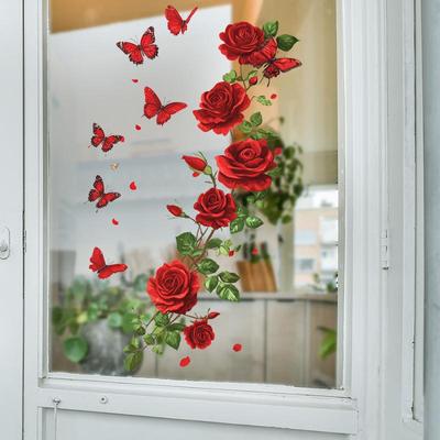 1 Stück Aquarell Romantische Rose Glasaufkleber Geeignet für Wanddekoration Schlafzimmer Badezimmer und Wohnzimmer