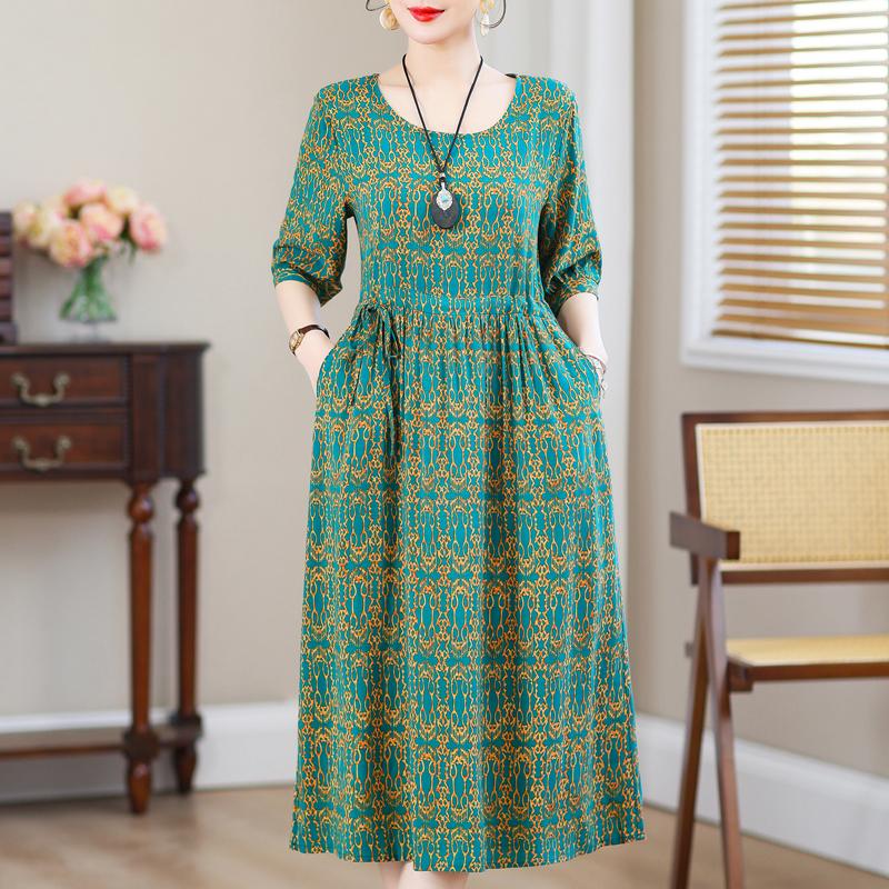 Casual Summer Women's Dresses  Plus Size Half Sleeve Vintage Print Long Dress Female