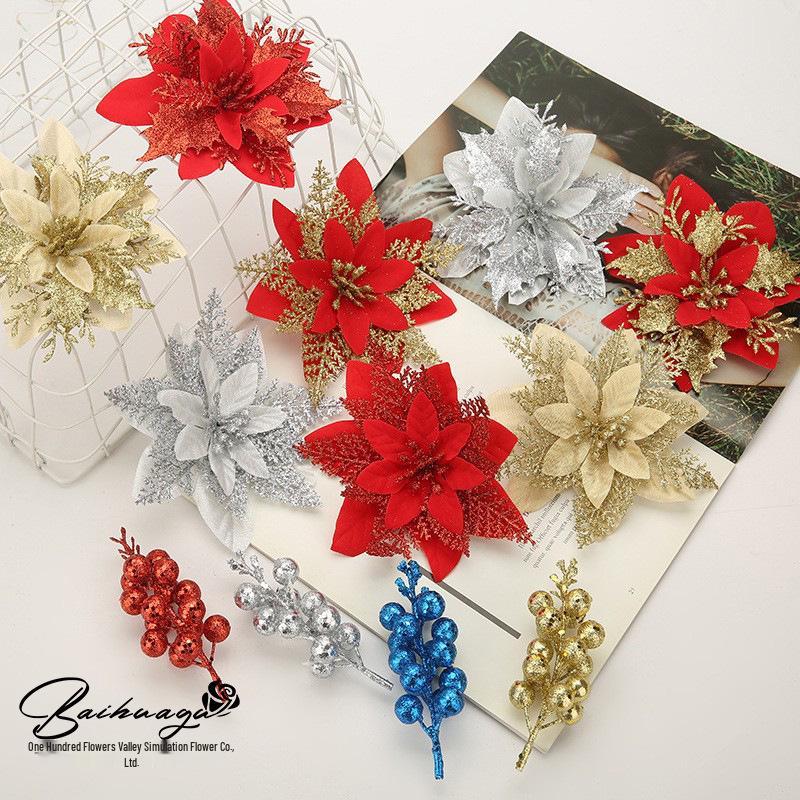 

Poinsettia Gold Powder Christmas Decorations - Double Layer Flower Head Blue