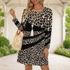 Women Plus Size Round Neck Long Sleeve Black Beige Leopard Printed A Line Dress