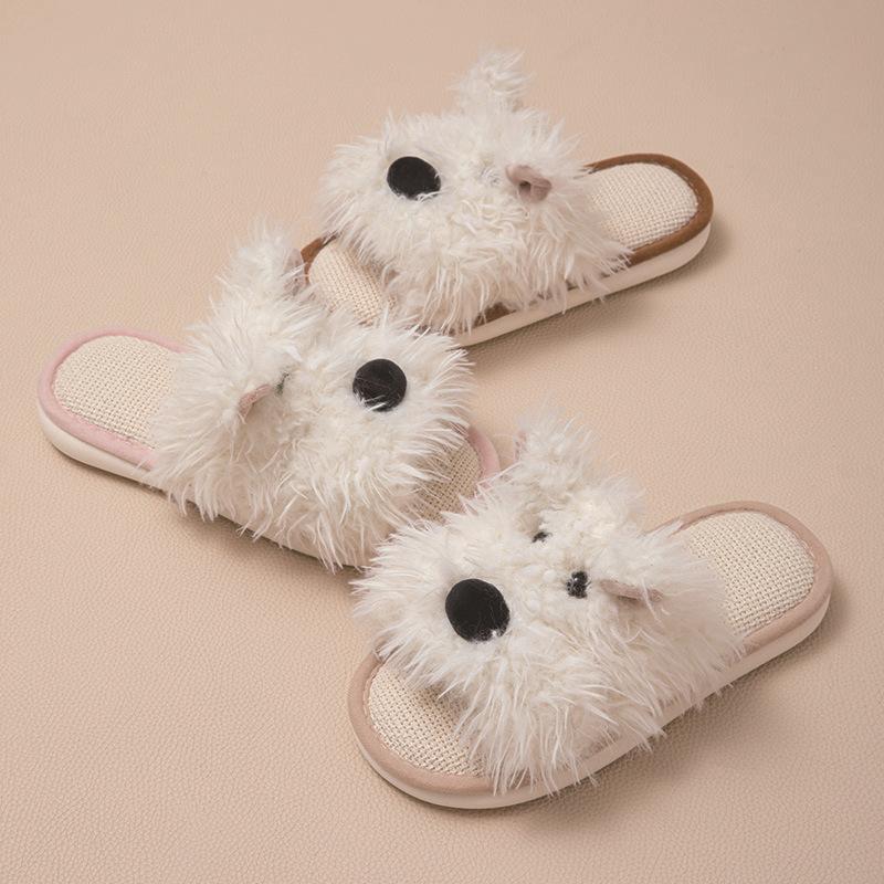 Open Puppy Cotton and Linen Slippers Cartoon Contrasting Colors Fluffy Breathable Cute Cotton Slippers