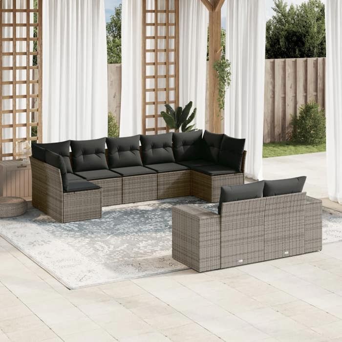 VidaXL Salon de Jardin avec Coussins 9 pcs, Canapés de Terrasse, Ensemble de Meubles de Patio, Mobilier d'Extérieur, Gris 3223019