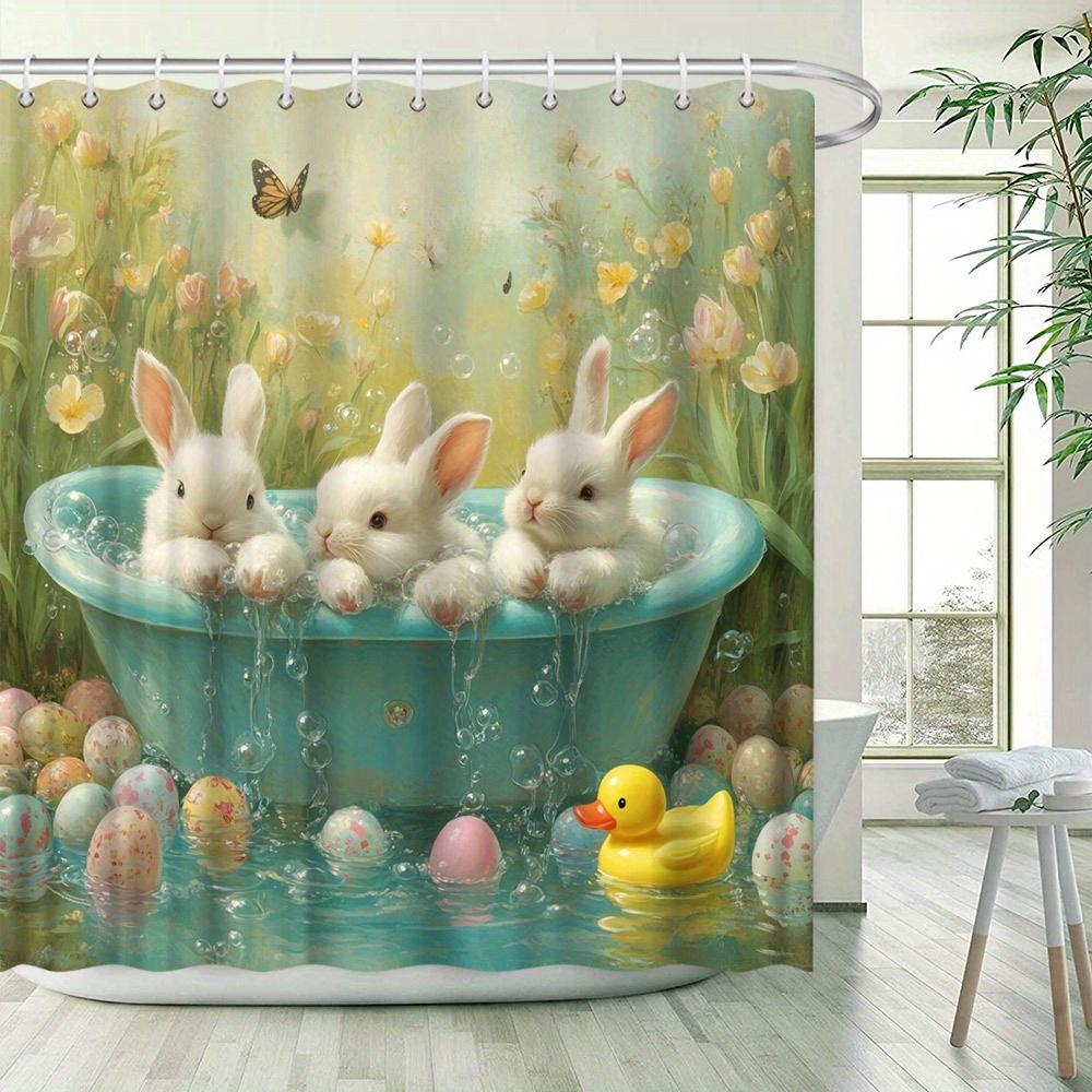 Easter Shower Curtain - Bunnies In Bathtub, Easter Eggs, Spring Garden & Butterflies, Pastel Design, Polyester Bathroom Decor