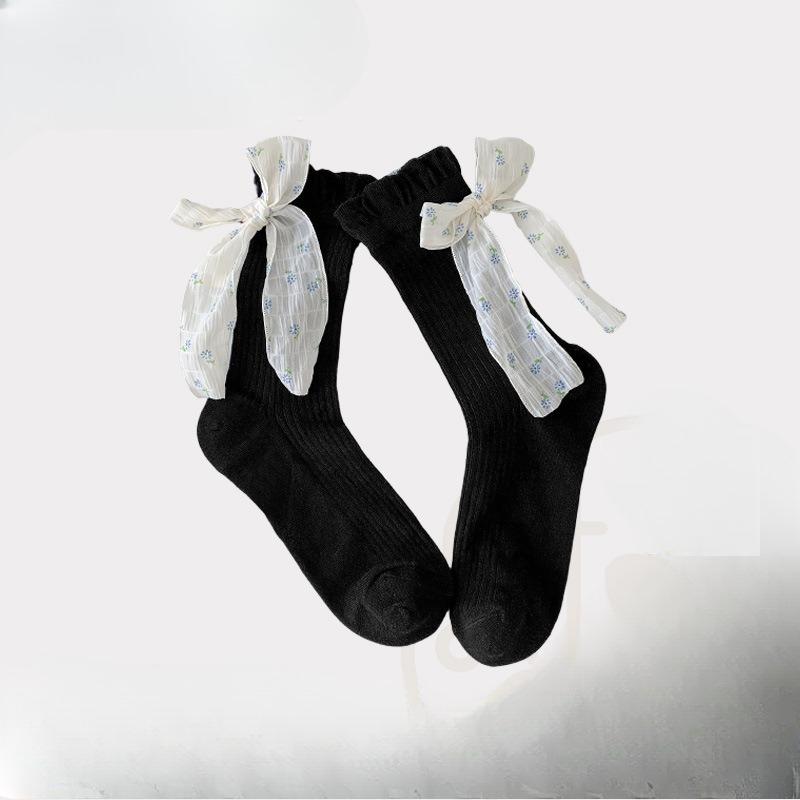 Floral Bow Mid-calf Socks for Women Spring and Summer, Thin Mesh Drawstring Women's Lace Pile Socks