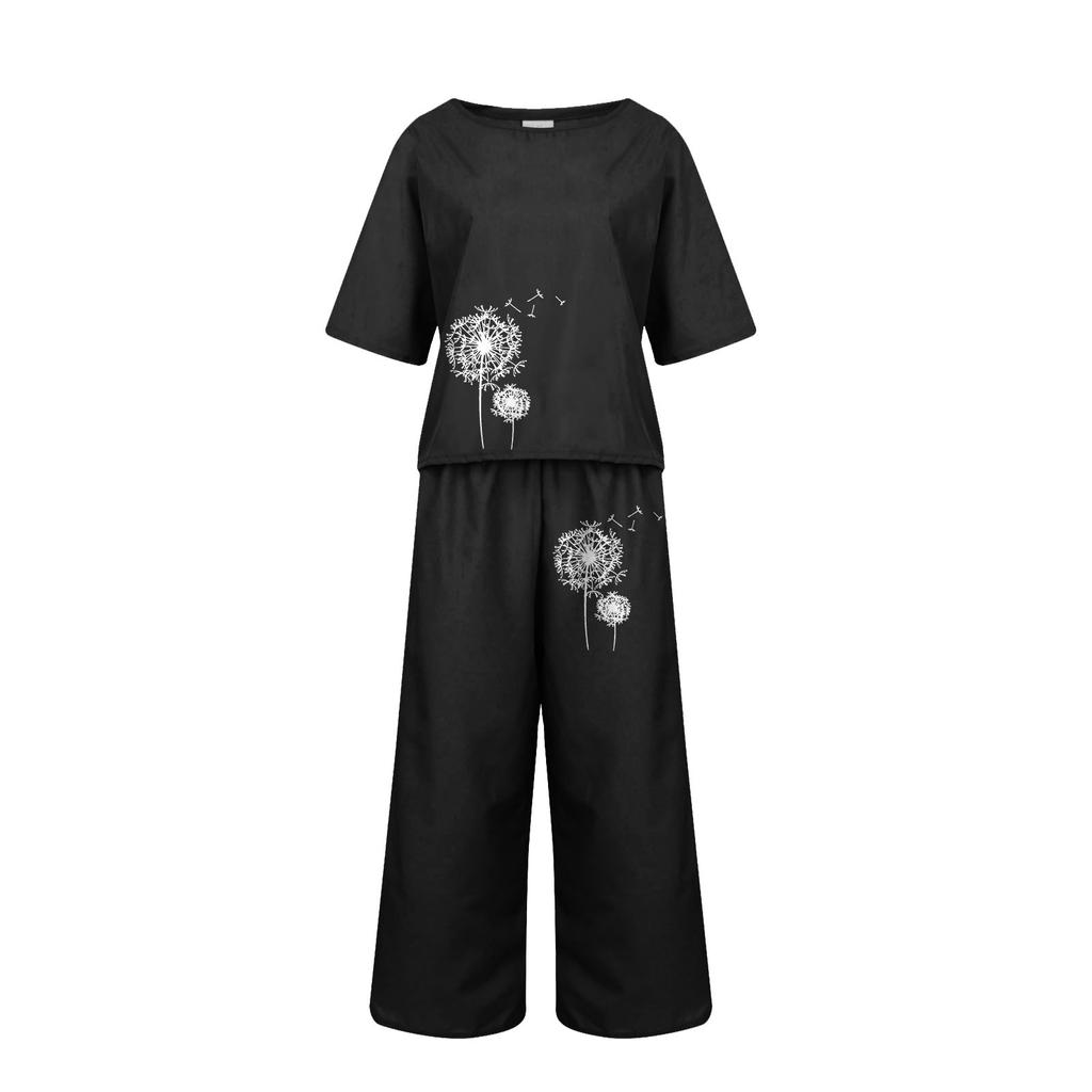 Women's Fashion Casual Printed Short Sleeves Round Neck Tops Pants Suit