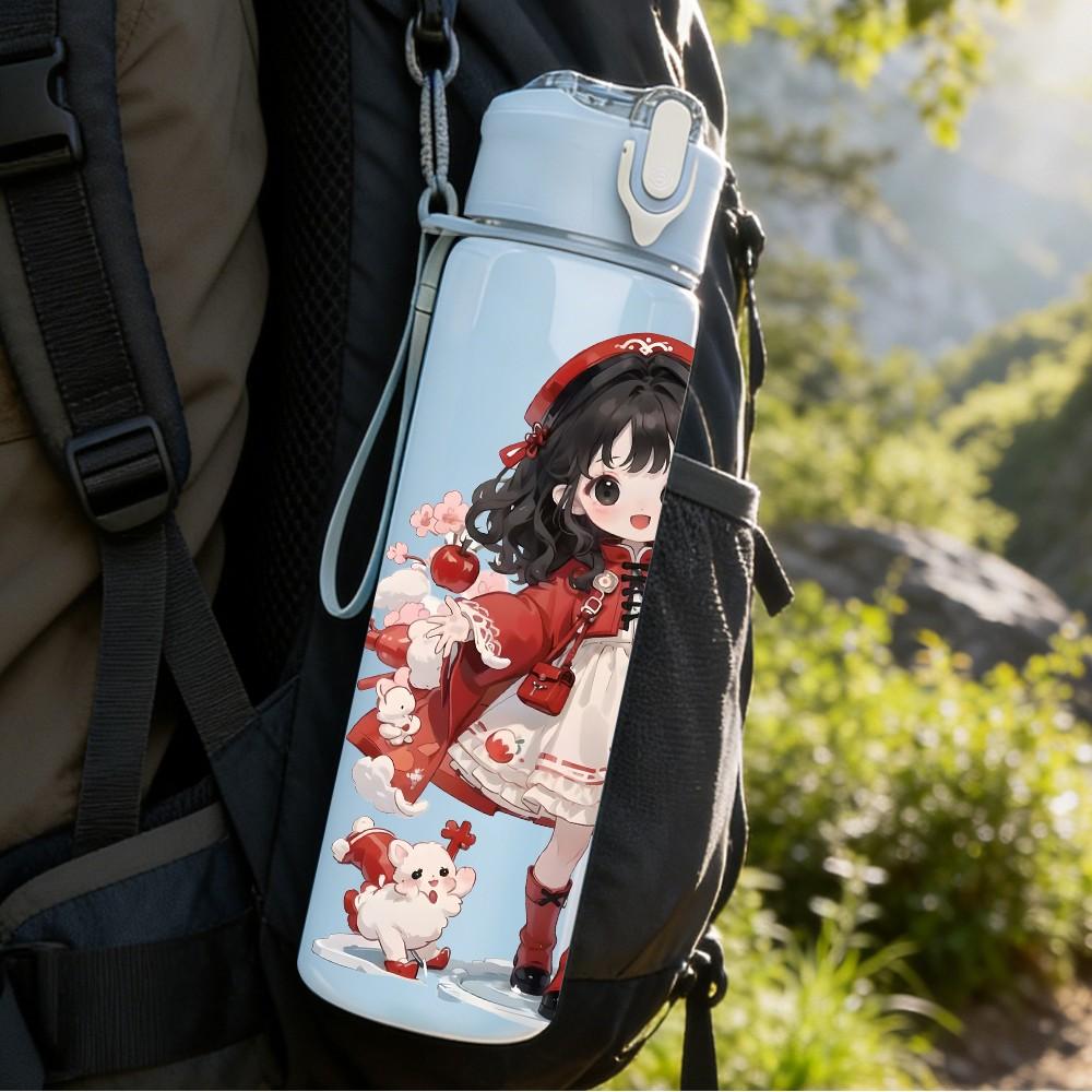 1PC Red Cloak Little Girl With Rose Pattern 750ml Color Plastic Sports Water Bottle Leakproof Flip Straw Lid Suitable for Sports Office Home Use