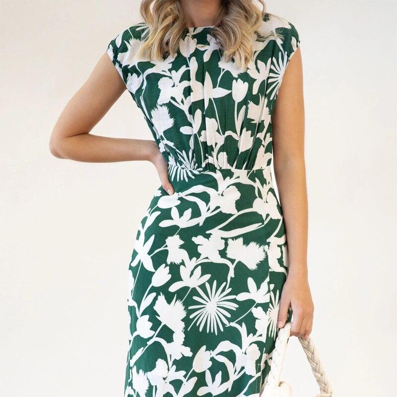 Summer Office-lay Stylish Printed O-neck Long Dress Women Elegant High-waist Slim Ladies Dress Sexy Sleeveless Vestidos 25475
