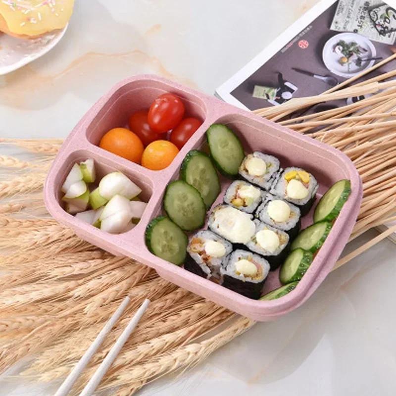1 Pcs Portable Lunch Box Single Layer 3 Grid With Lid Microwave Food Box Biodegradable Lunch Storage Container