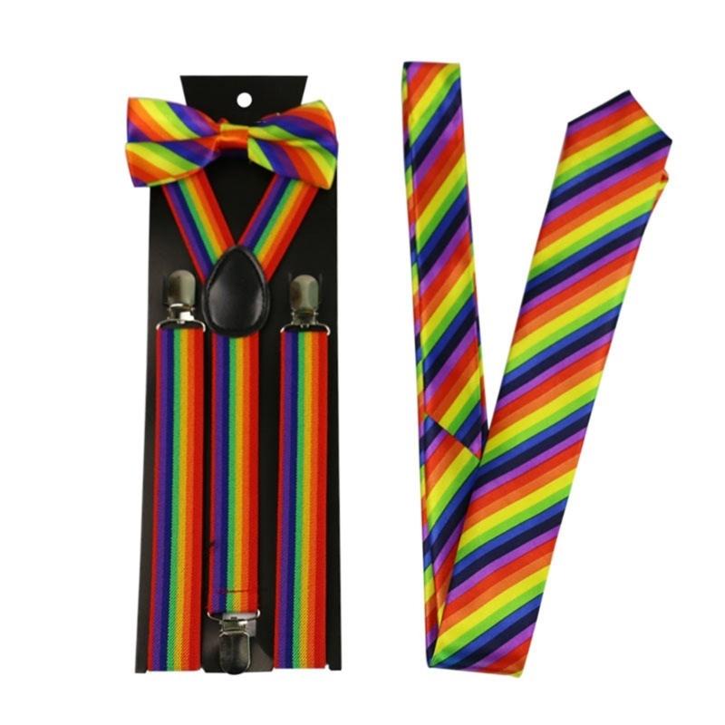 Clip on Suspenders+Striped Necktie+Bow Tie for Teen Girl Uniform Masquerades Tie