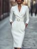 White V-Neck Belted Midi Dress with Pockets