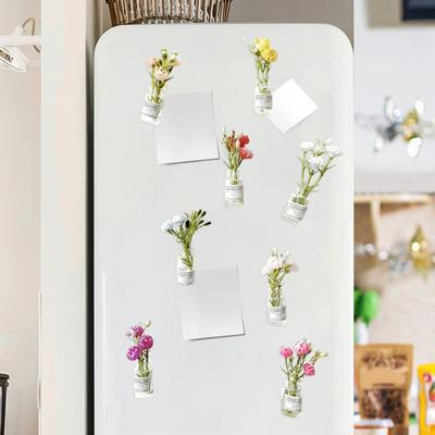 8 Stück Magnet Kühlschrankaufkleber Set Mini Vase 3D Design Kühlschrankaufkleber mit künstlichen Blumen Leuchten im Dunkeln Küchenbüro Dekoration