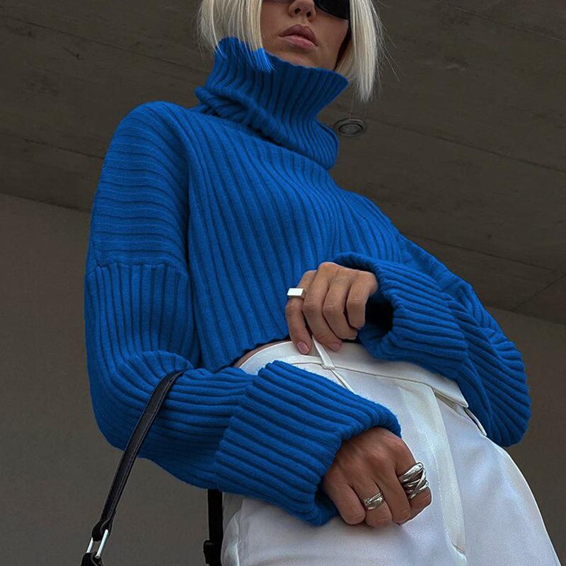 Rollkragenpullover für Damen, einfarbig, gestreift, lässiges Oberteil, verkürzte, ausgestellte Ärmel, Strickpullover