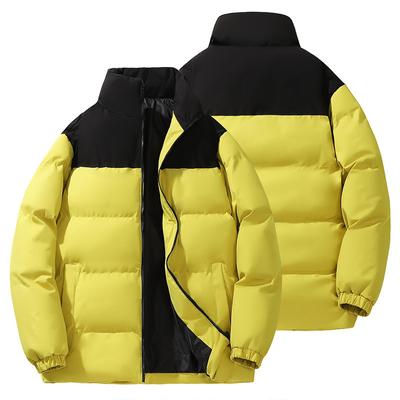 Men's Winter Cotton Jacket with Contrasting Colors, Thick Insulation, Loose Fit, Short Style, Stand Up Collar, Couple's Spliced Cotton Jacket