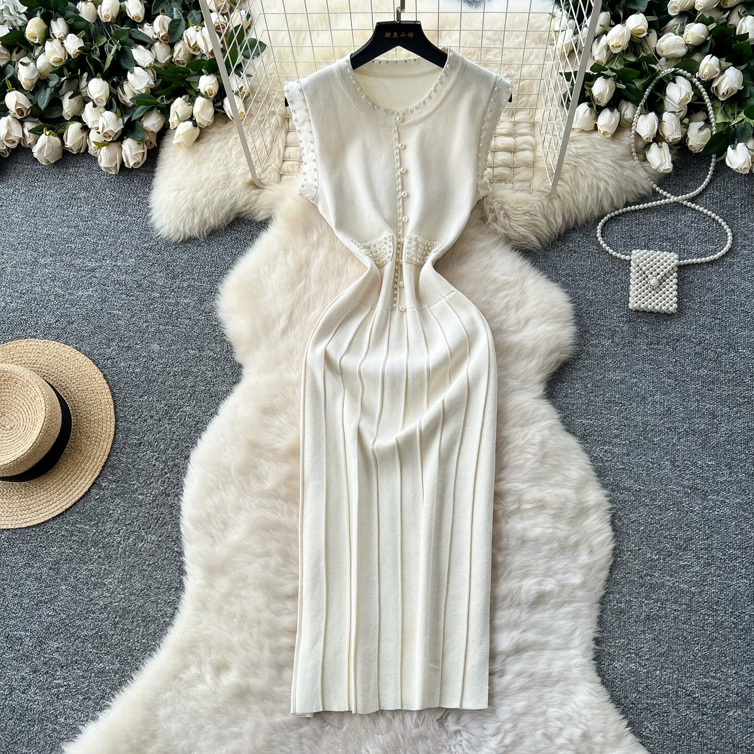 

Summer Women Sleeveless Luxury Beading Office Work Knitted Sweater Midi Sheath Dresses One Size бежевий