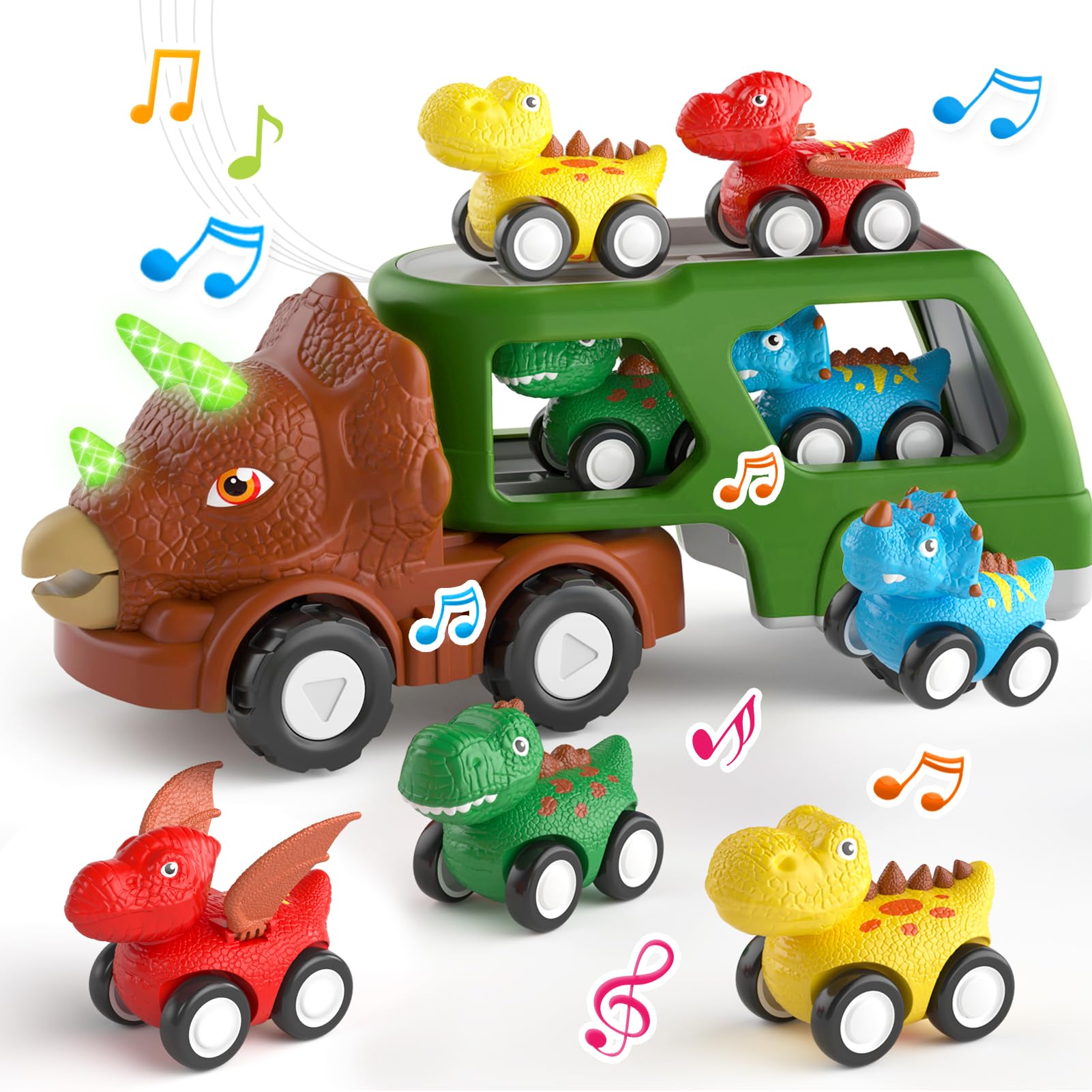 Friction Powered Dinosaur Truck Set, LED Lights & Music, 5-in-1 Big Dinosaur Car Carrier with Mini Dino Vehicles, Kids Boys Gift зелёный