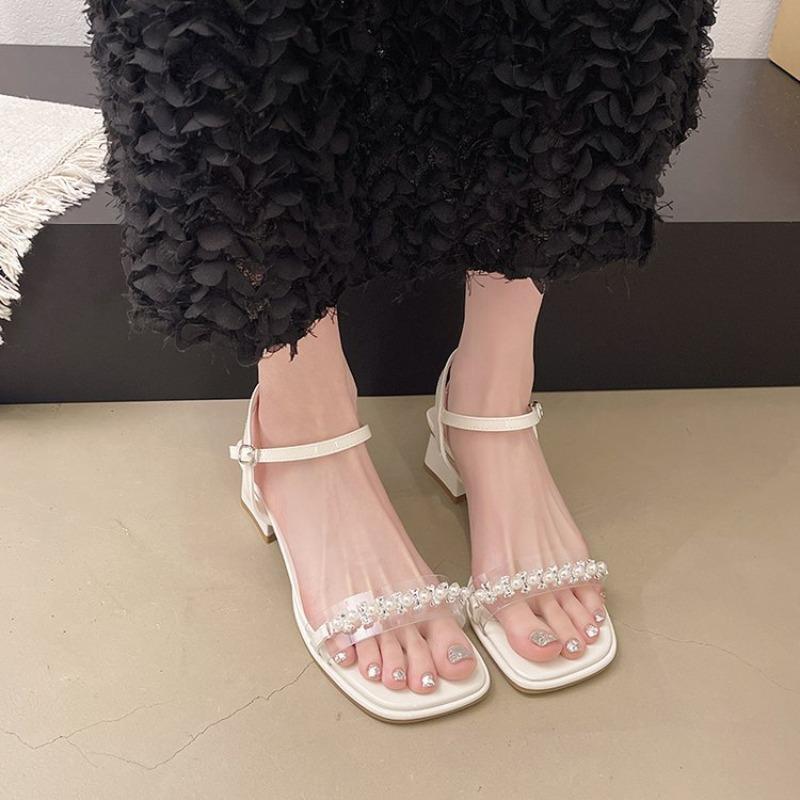 Summer New Women's High Heel Sandals French Style Fairy Wind Beach Shoes Trendy One-Strap Roman Style Beach Sandals