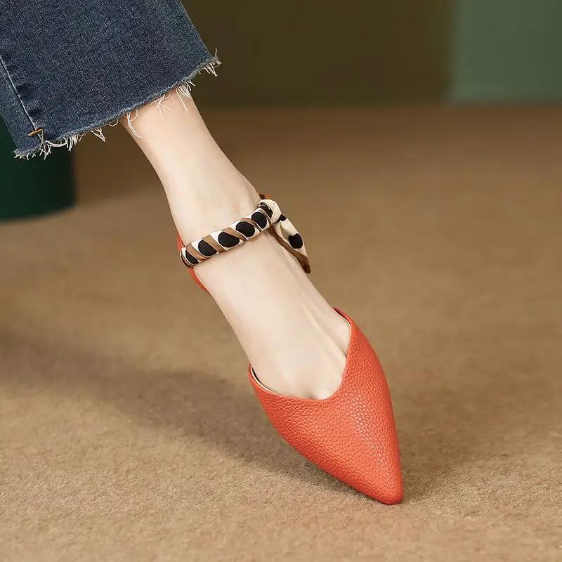Fashion Summer 2024 Sandals for Women Office Work Outdoor Leather Pointed Toe Flat Rubber Buckles with Low Heels White No Heel Footwear