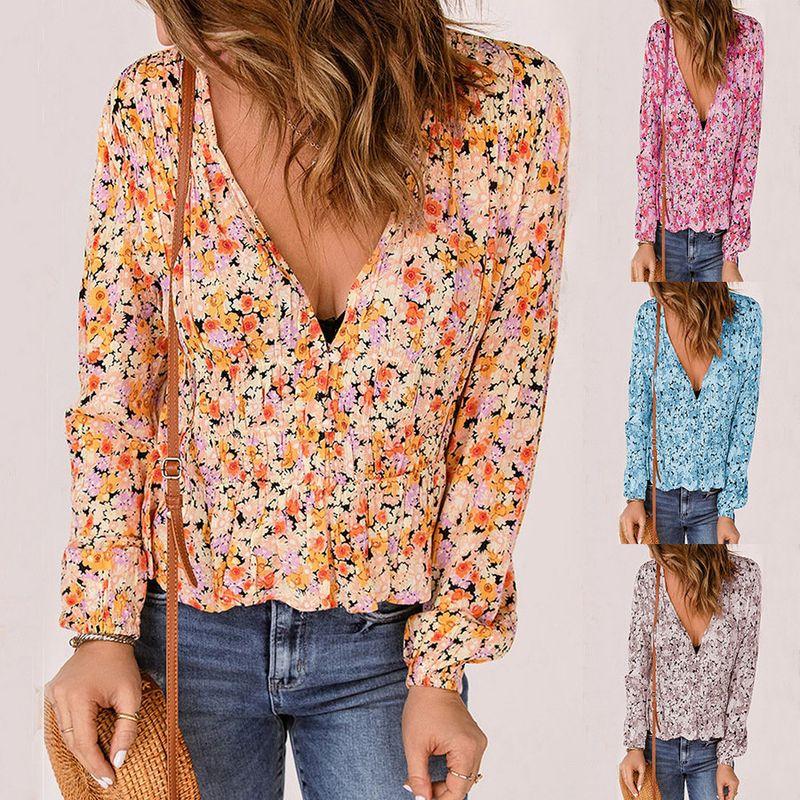 

Autumn and Winter Fashion Women s Streetwear Amazon Shuttle Floral Long Sleeves Tops Printed Waist-Controlled Comb Pleated T-shirt Female Fashion Grey L