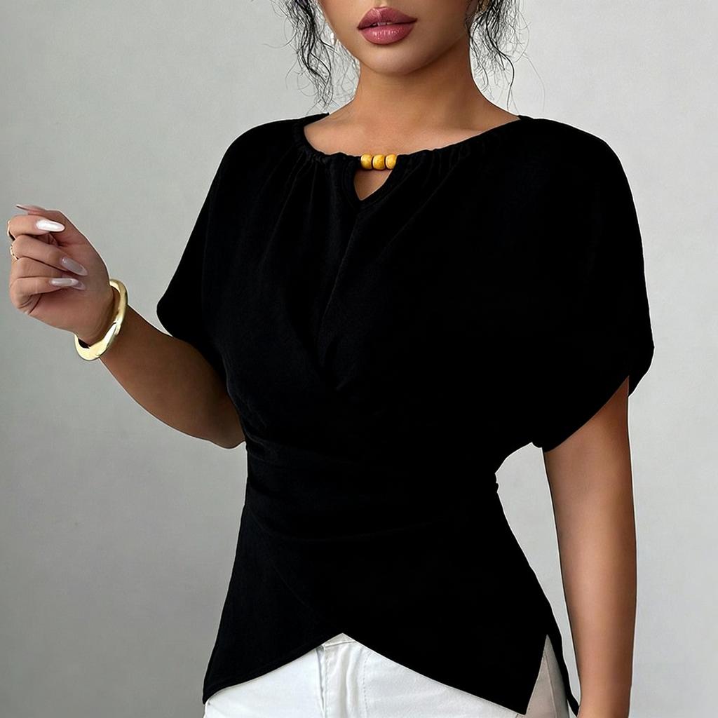 Ladies' Fashionable Casual Short Sleeved Slim Fit Cross Casual Temperament Top