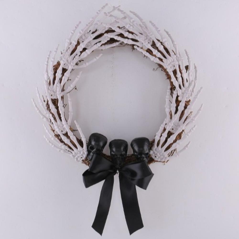 Dark Style Halloween Skeleton Hand Wreath White Bones Black Ribbon Halloween Artificial Wreath Black Bow Black Branch Wreaths