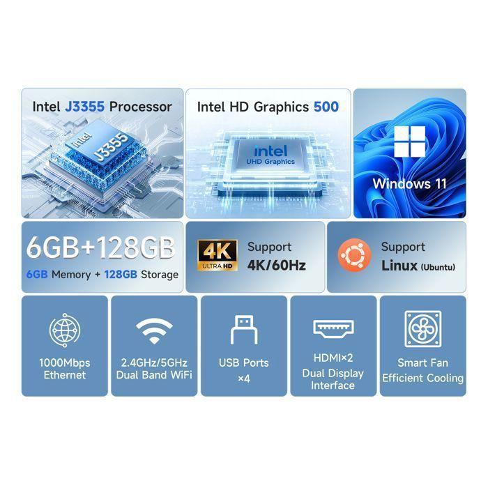 Mini PC - BMAX - B1 Plus - Intel Celeron J3355 - 6 Go RAM - 128 Go SSD