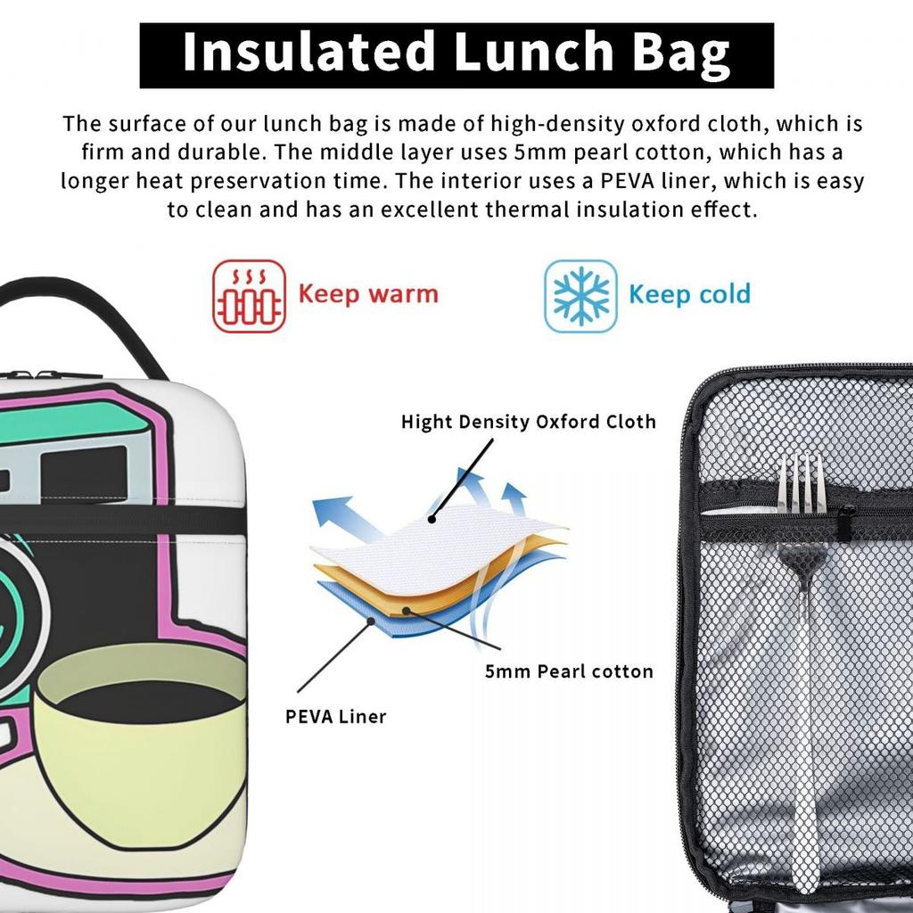 Camera And Coffee Pattern Insulated Lunch Bag for Women Children Portable Food Boxes Thermal Lunch Box Tote