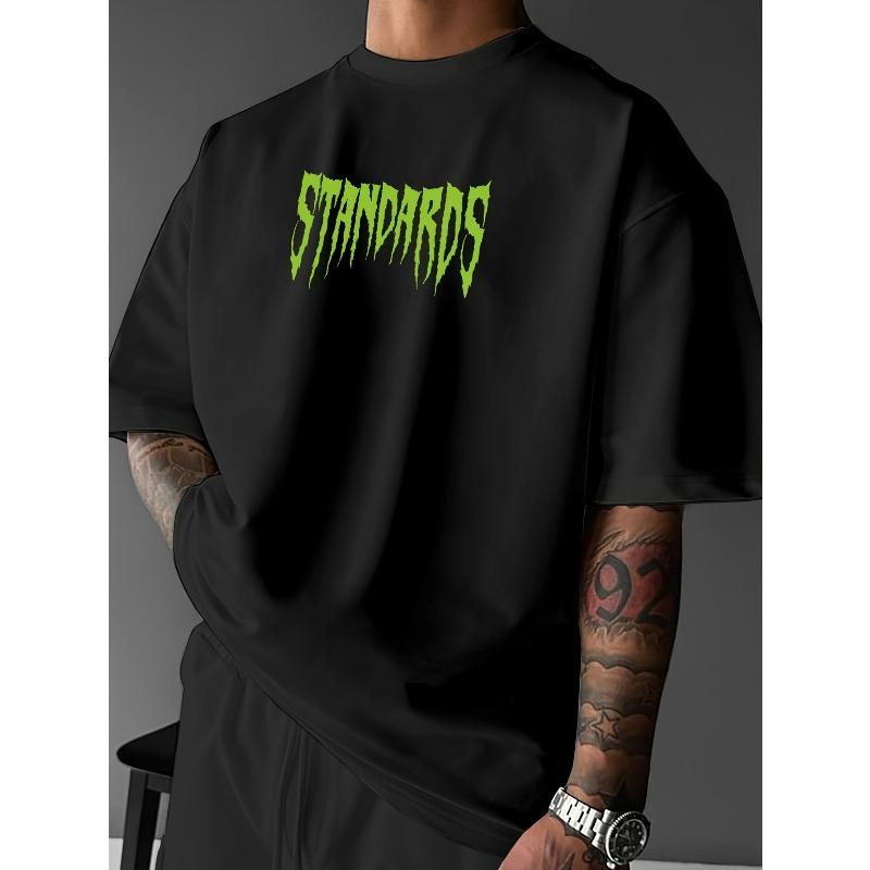 European Sizes Men'S Streetwear Graphic T-Shirt - "Standards" Design with Wolf & Skull Print, Loose Fit Round Neck Tee