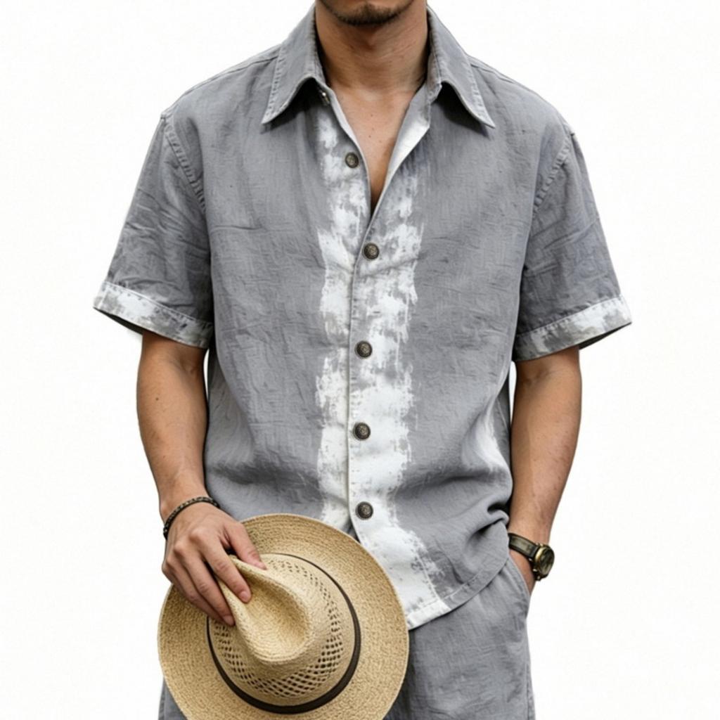 Mens Linen Short Sleeve Button Down Shirt Casual Loose Fit Collared Vintage Style Summer Top for Everyday Wear