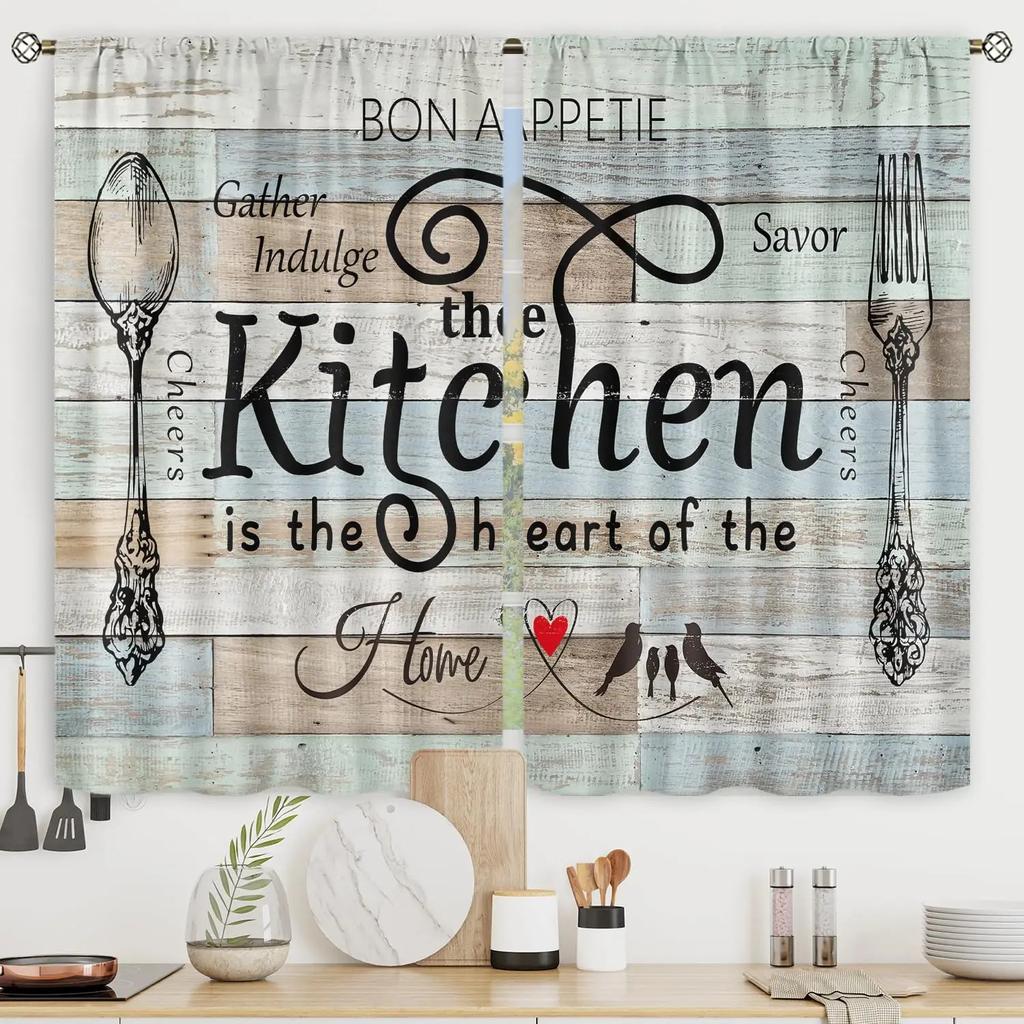 2pcs Rustic Farmhouse Small Barn Fork and Spoon Wooden Board Retro Print Kitchen Curtain Cafe Curtain Curtain Shade Cloth