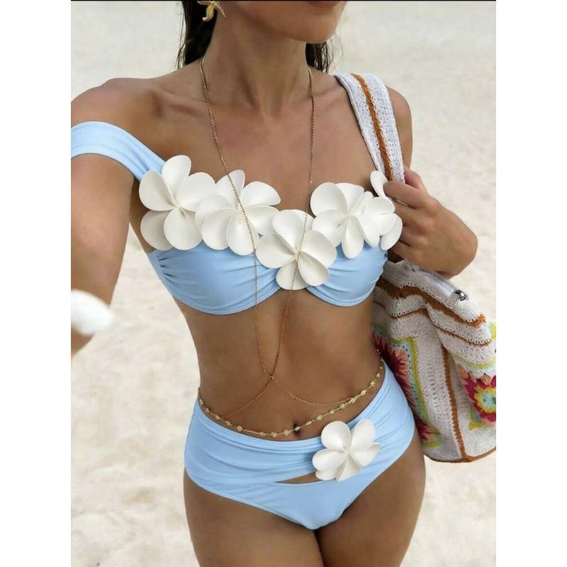 Neues Blumen-Tube-Top Europäisches und Amerikanisches Anzug Sexy Mehrfarbiger Bikini Geteilter Badeanzug Blüten Blätter Meeresufer
