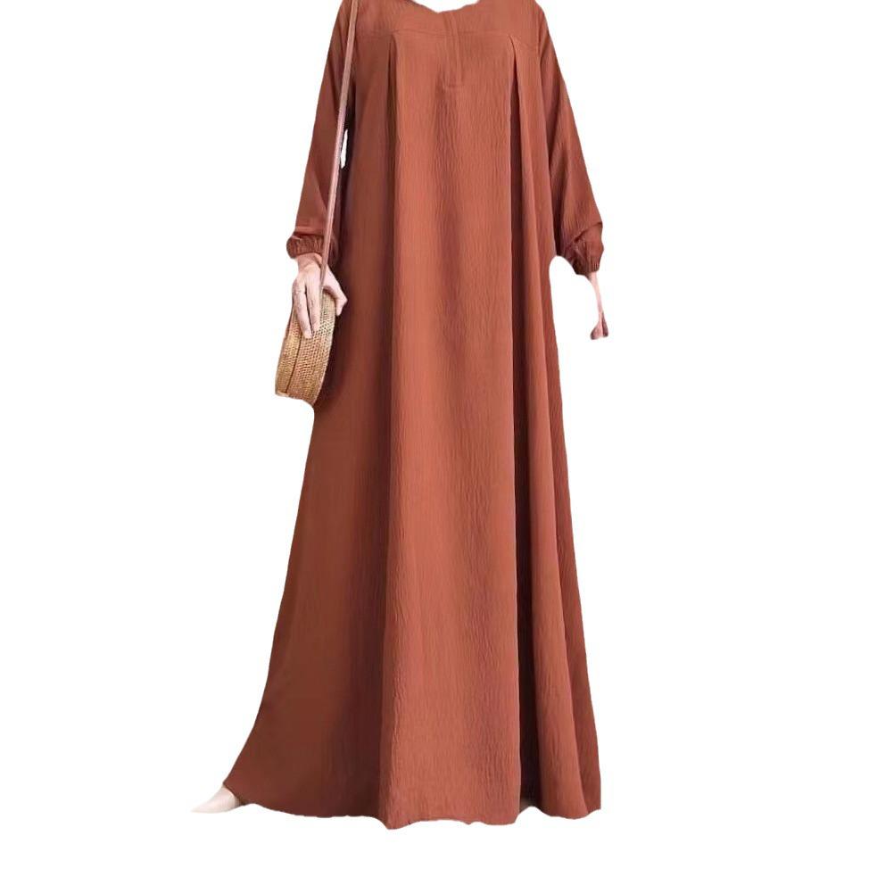 2024 Middle East Muslim Women's Puff Sleeve Dress with Zipper Placket and Elastic Cuffs