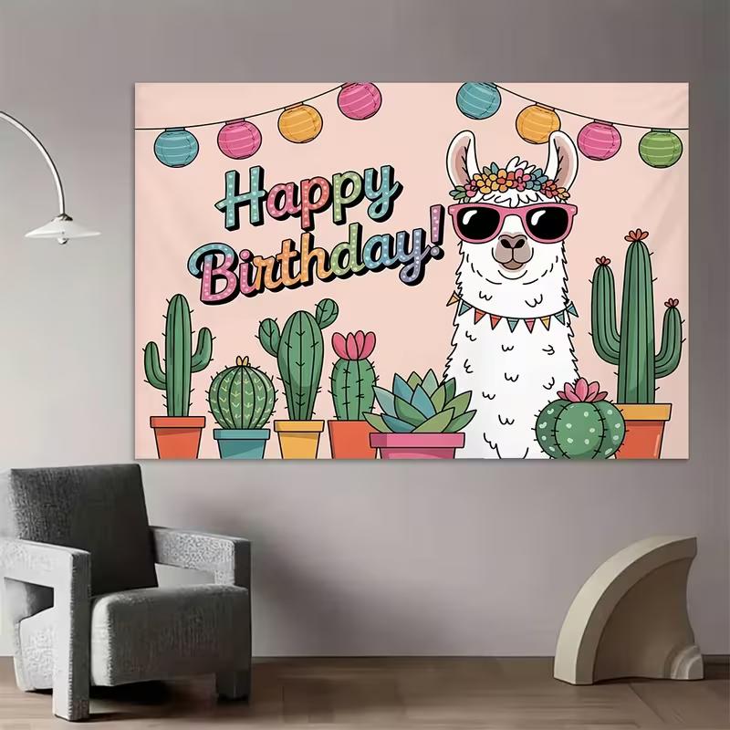 2D Cartoon Alpaca Happy Birthday Backdrop with Sunglasses & Cacti