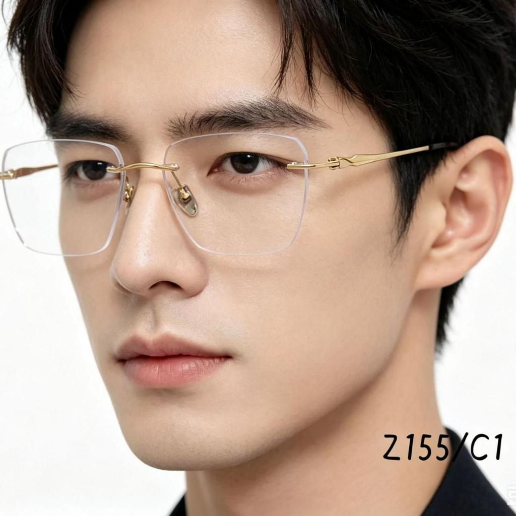 Men's Rimless Titanium Glasses Frame with Anti-Blue Light Lenses: Myopia & Presbyopia Compatible, Style Z155